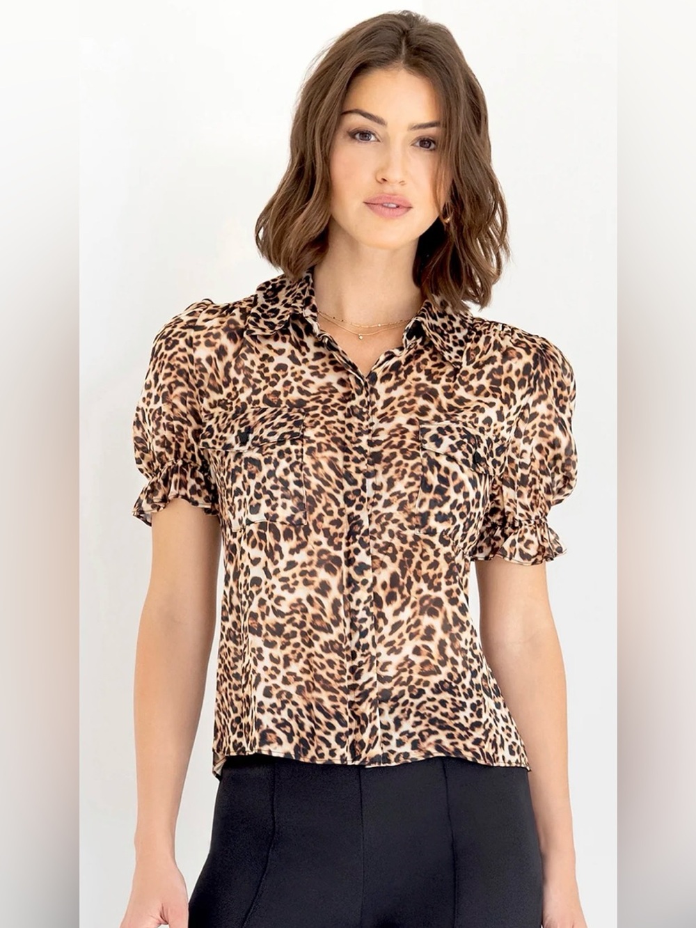 Generation Love Mina Leopard Georgette Print Short Sleeve Button-Front Top L NEW